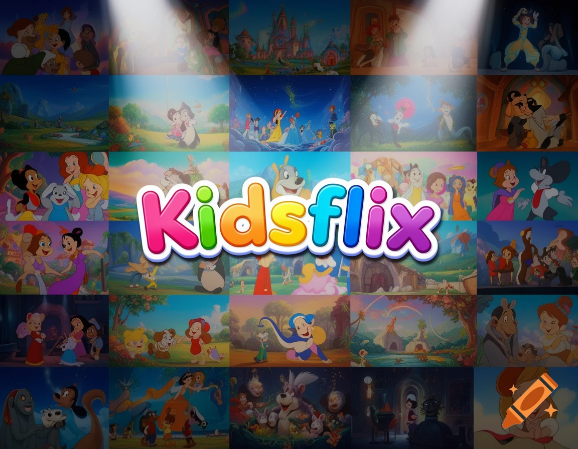A vibrant collage of cartoon characters and scenes from animated films, with "Kidsflix" in the center.