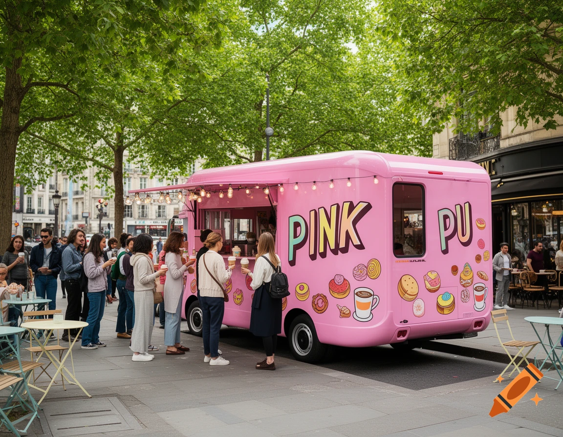A bright pink food truck with "PINK PU" written on its side, surrounded by people lining up on a city street with green trees.