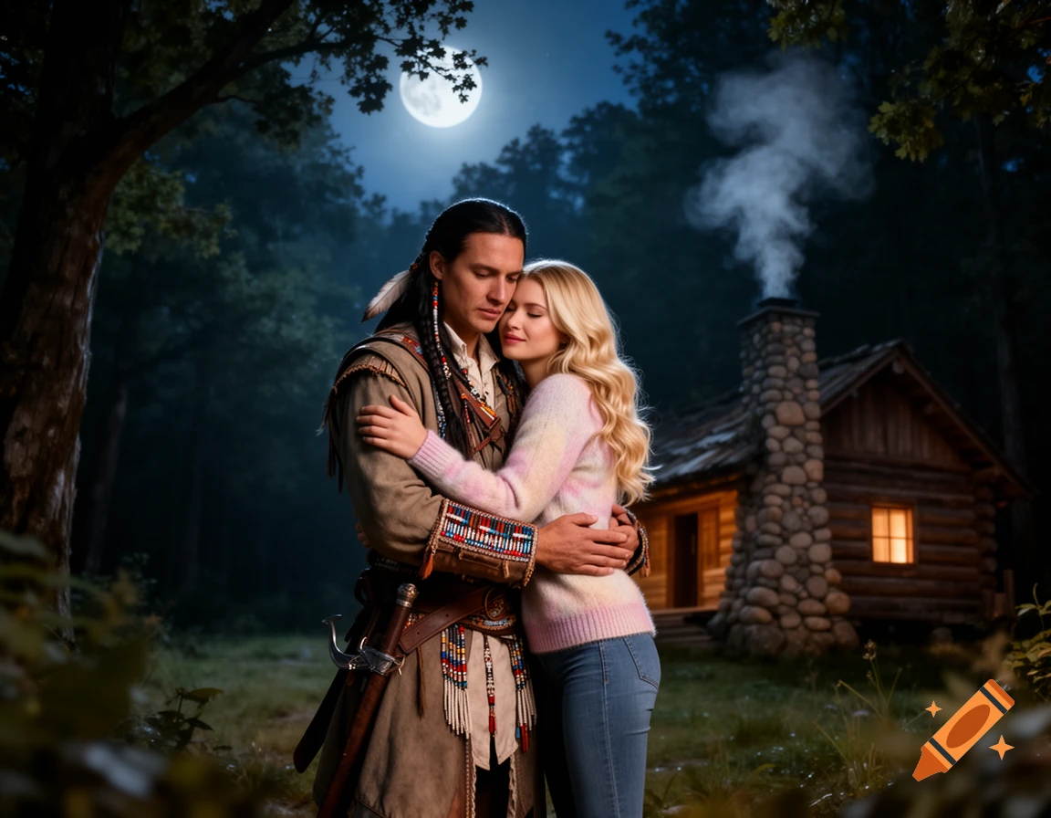 A man in traditional Native American attire and a blonde woman hug in a moonlit forest clearing with a rustic cabin in the background, photorealistic style.