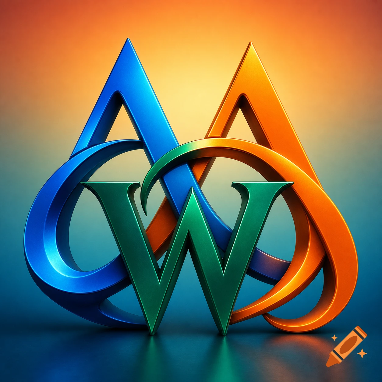 Two stylized letter A's in blue and orange intertwine with a green letter W against a warm gradient background.