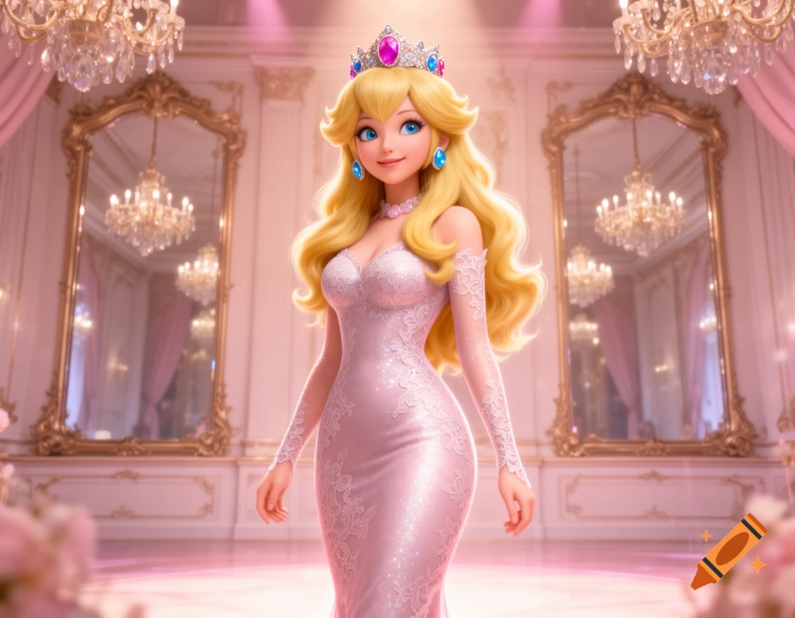 Princess Peach in a sparkly pink lace bodycon gown and crown, smiling in a grand ballroom.