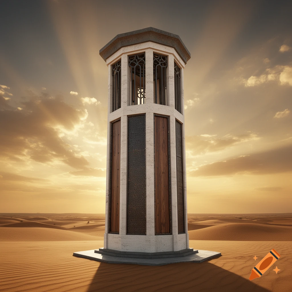 An octagonal wind tower with ornate dark metal and wooden panels stands in a vast desert landscape under a golden sunset sky.