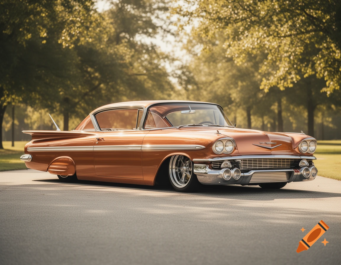 A photorealistic image of a lowered copper 1959 Chevrolet Impala parked on an asphalt road, with blurred trees in the background.