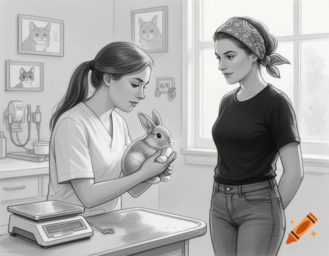 Black and white illustration of a vet examining a rabbit on a table, with the owner watching. A scale is on the table.