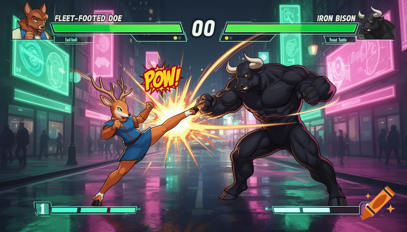 A stylized 2D fighting game scene with an anthropomorphic deer kicking a muscular bull in a neon-lit city street at night. Game UI elements like health bars, character names, and a timer are visible.