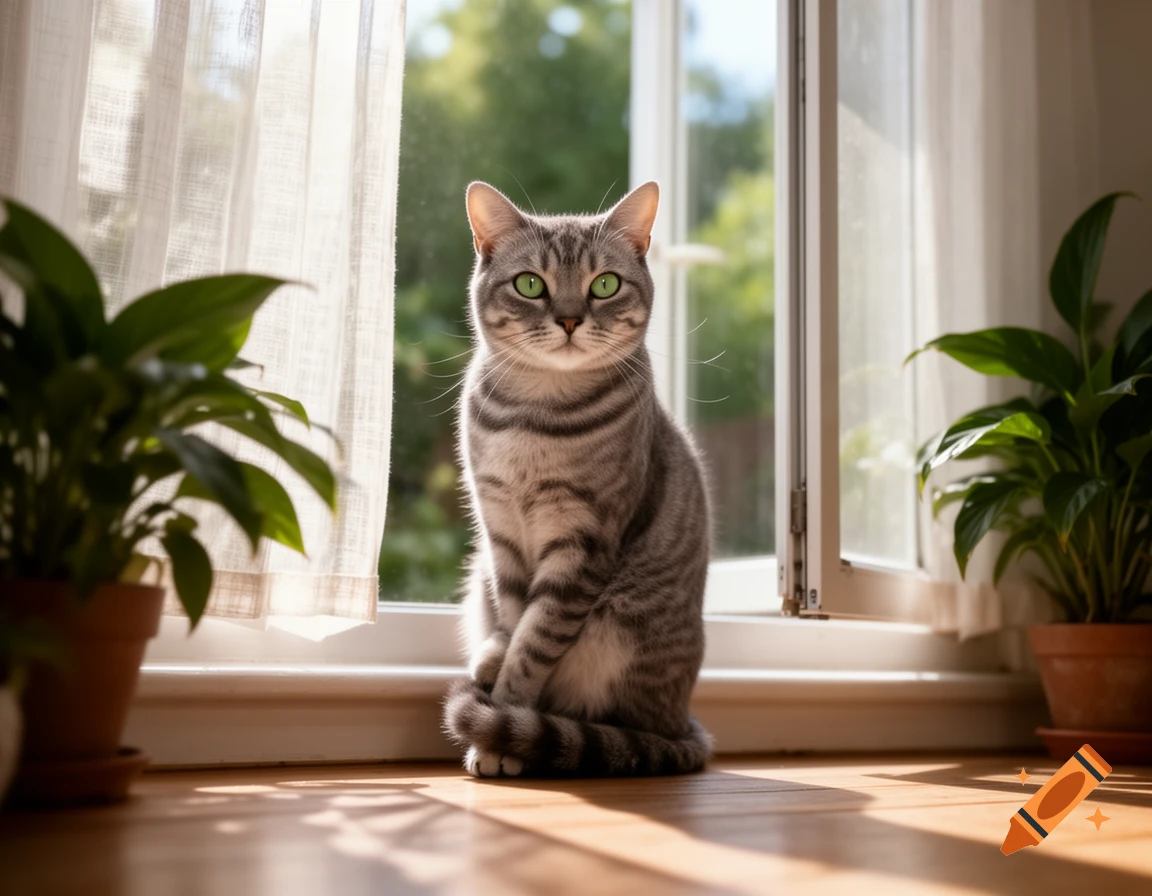 A photorealistic gray tabby cat with green eyes sits on a wooden floor in front of a sunlit window with sheer curtains and potted plants.