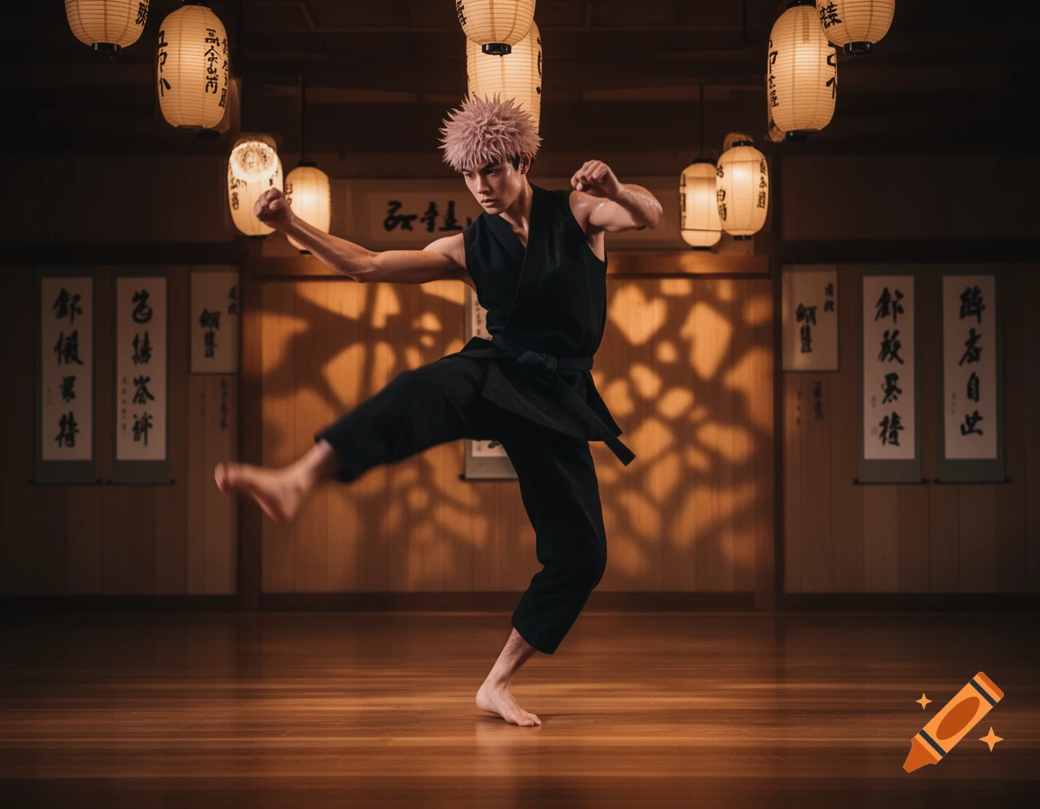 A person with spiky pink hair in a black martial arts uniform practices a kick in a dojo with hanging lanterns and wall scrolls.