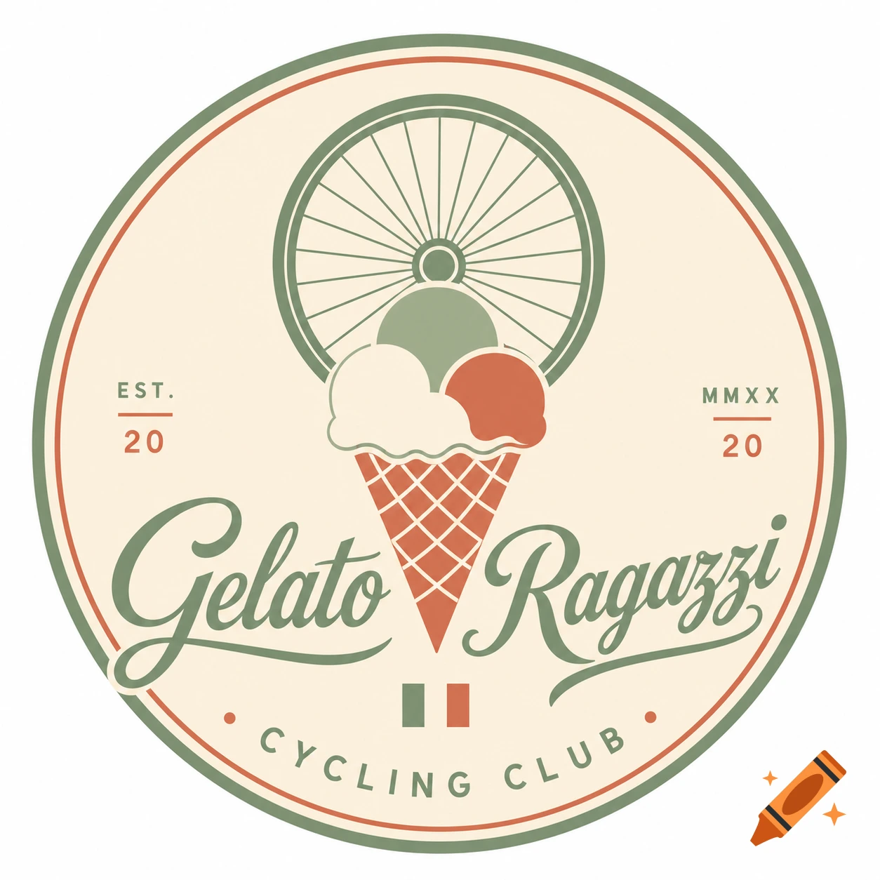 A circular vintage-style logo for "Gelato Ragazzi Cycling Club" featuring a bicycle wheel, a gelato cone, and Italian flag colors on a cream background.