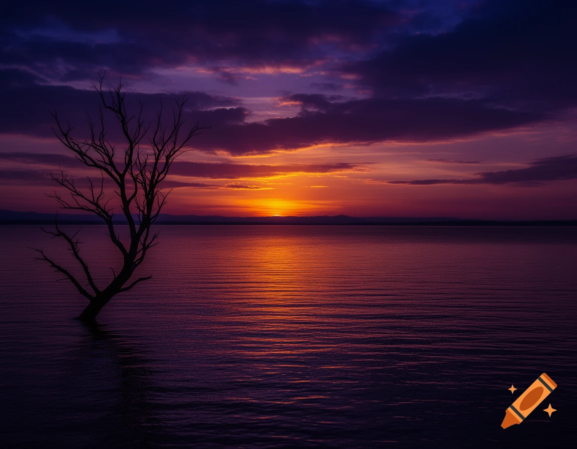 A vibrant dark sunset over a tranquil body of water, with the silhouette of a bare tree standing in the foreground.