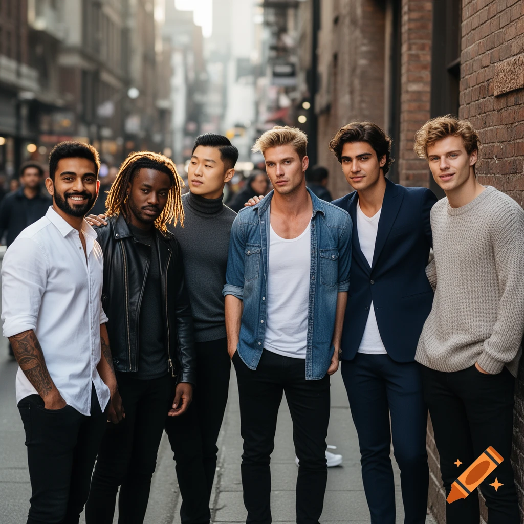 Six diverse men in varying casual and smart-casual outfits pose on a bustling city street.
