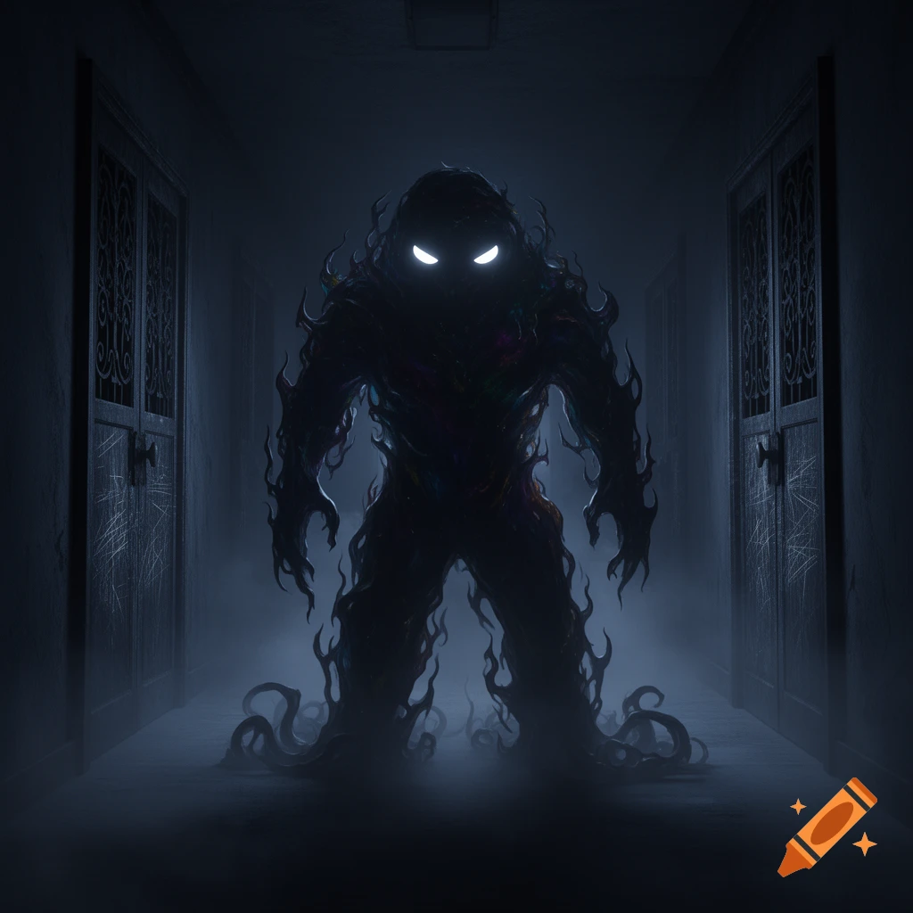 A dark, shadowy entity with glowing white eyes stands in a foggy, eerie hallway with closed doors, in a digital art style.