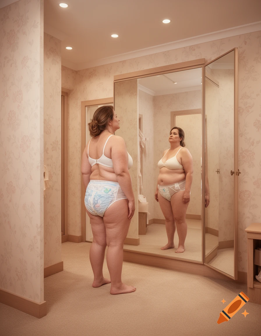 A plump middle-aged woman in a white bra and diaper pants stands looking at her reflection in a mirror inside a changing room.