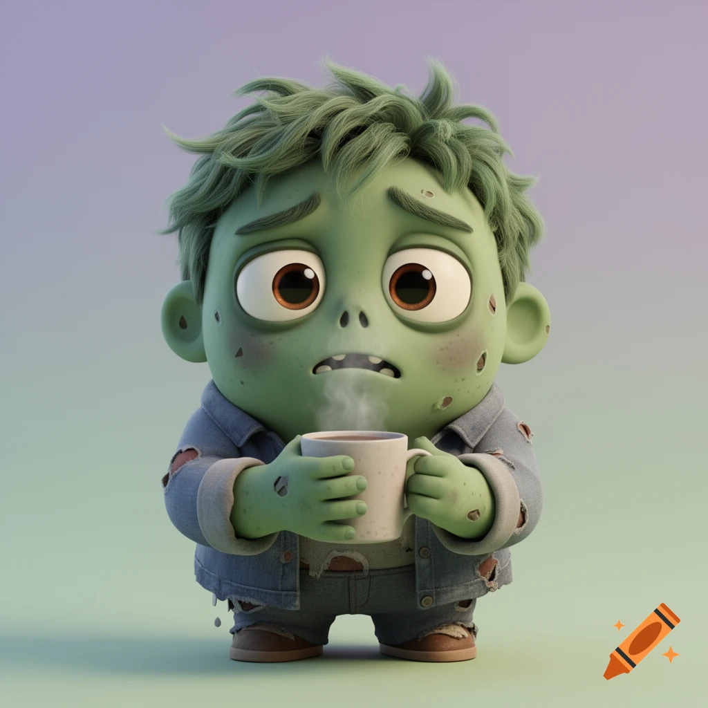 Cute cartoon zombie with green skin and messy green hair, wearing ripped denim, holding a steaming coffee cup with a tired expression.