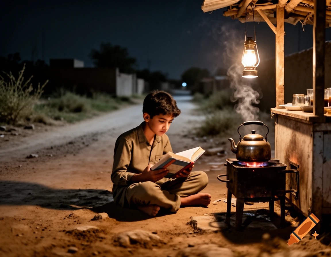 A young Pakistani boy sits on the dirt ground at night, intently reading a book under the dim glow of a kerosene lamp next to a rustic tea stall with a steaming kettle.