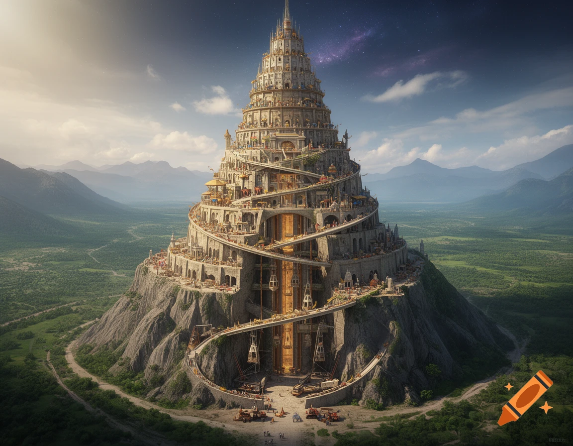 A colossal, spiraling Tower of Babel built into a mountain, surrounded by a green valley and distant mountains under a cloudy, starry sky.