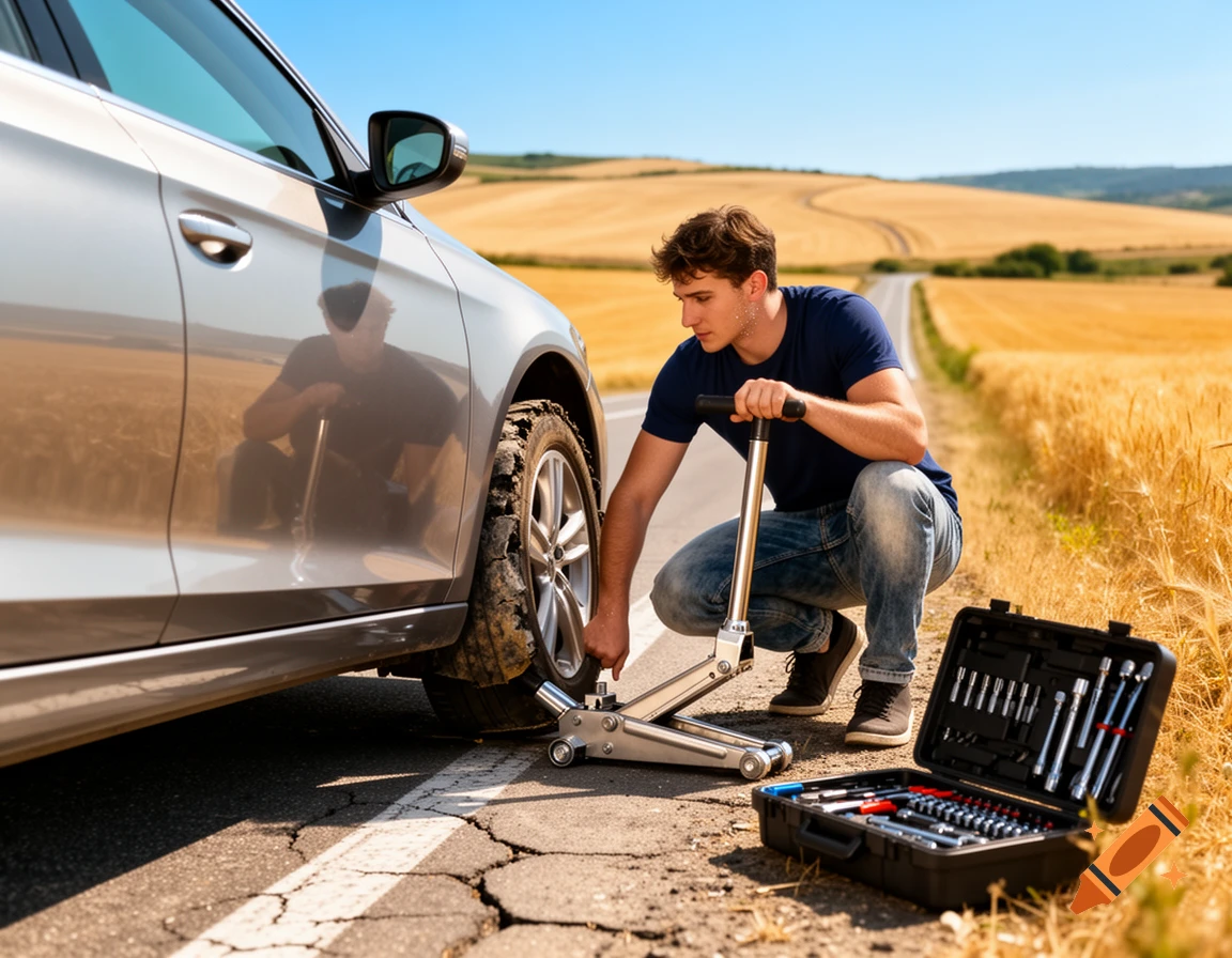 A man jacks up his silver car on the side of a cracked road next to a golden field to change a flat tire.