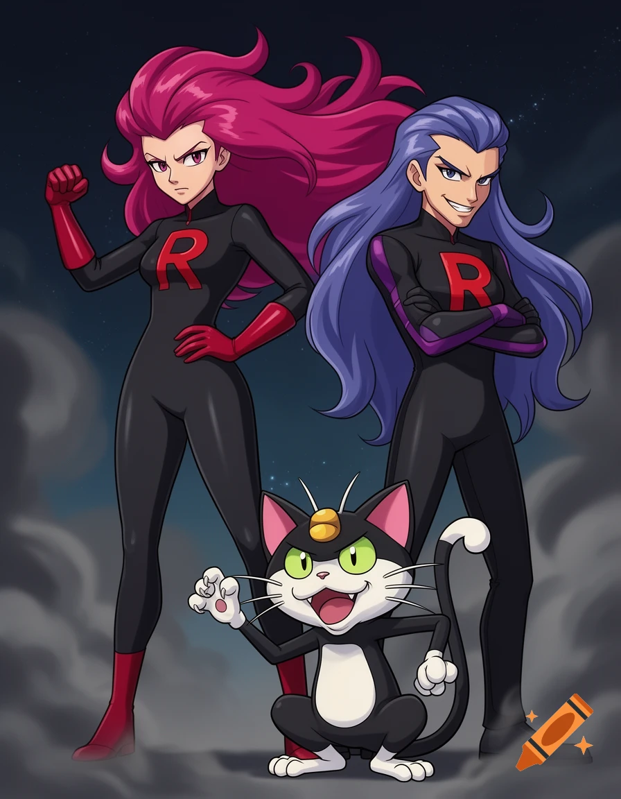 Jessie and James of Team Rocket in black uniforms with a red 'R' logo, standing with their Pokémon Meowth in a menacing pose.
