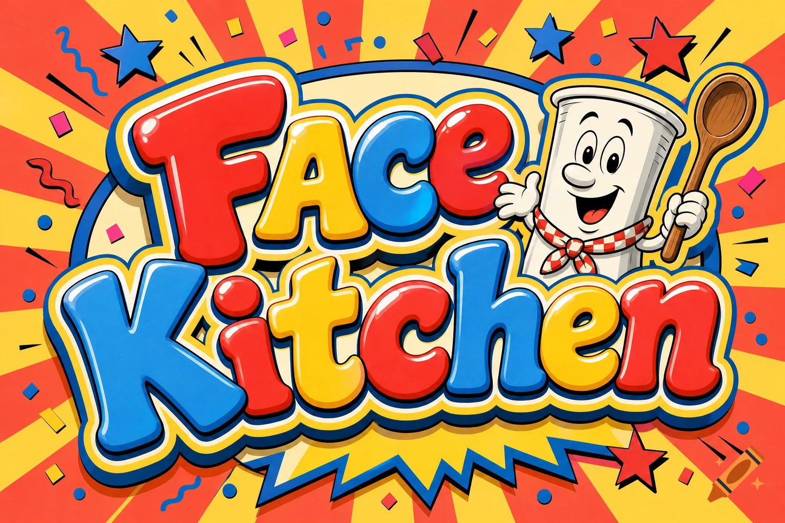 Vibrant 80s-style cartoon logo for 'FACE Kitchen' with a smiling measuring cup character holding a spoon.
