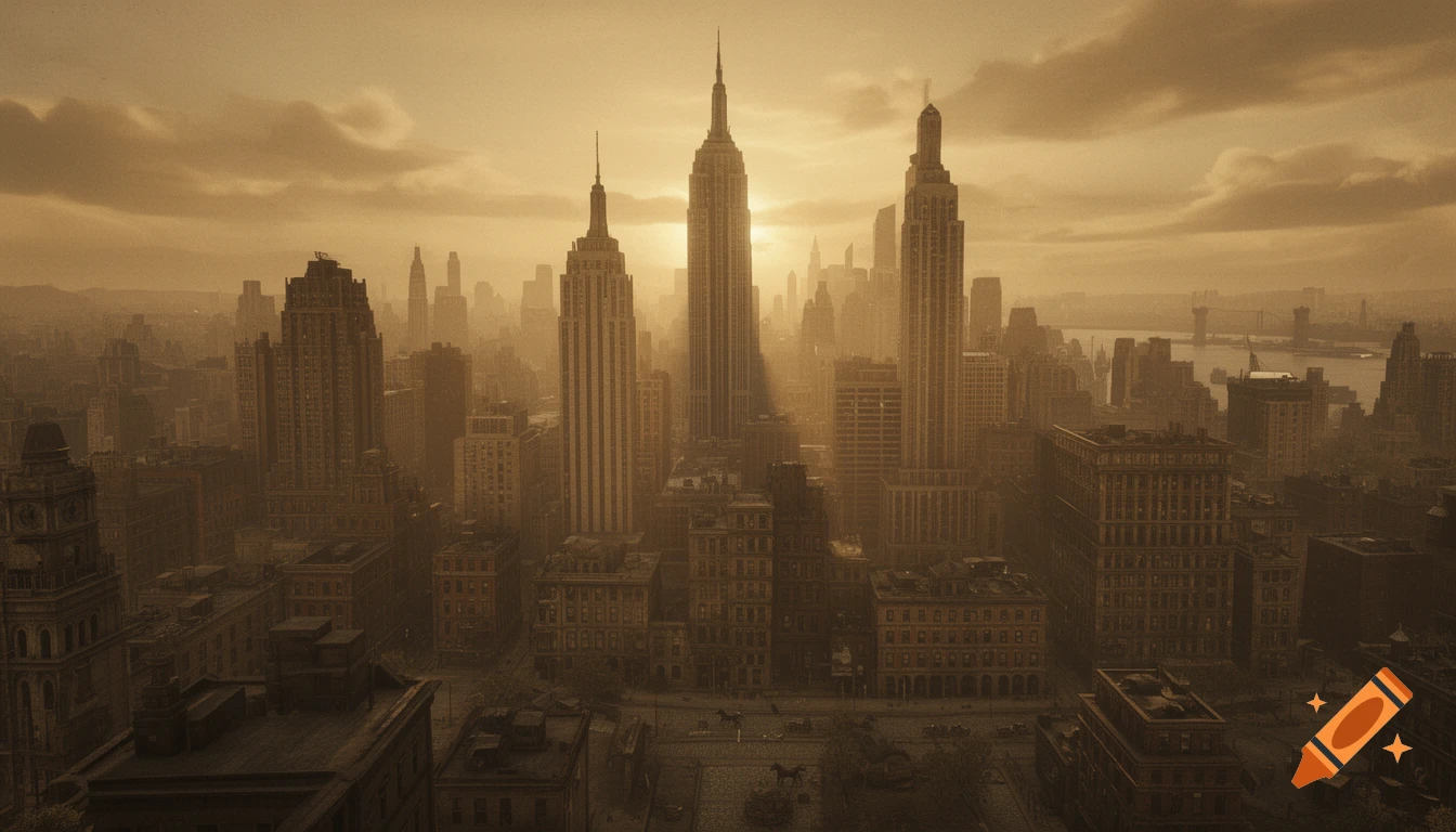 Panoramic view of a hazy, sepia-toned city skyline with prominent skyscrapers in a retro, stylized manner.