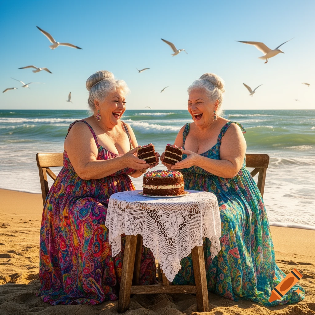 Two elderly women joyfully share cake on a sandy beach with the ocean and seagulls in the background, photorealistic style.
