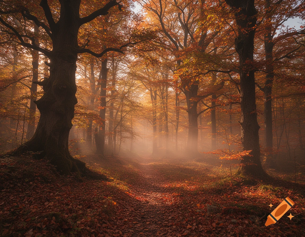 A path winds through a mystical autumn forest at dawn, with golden sunlight filtering through mist and orange leaves.