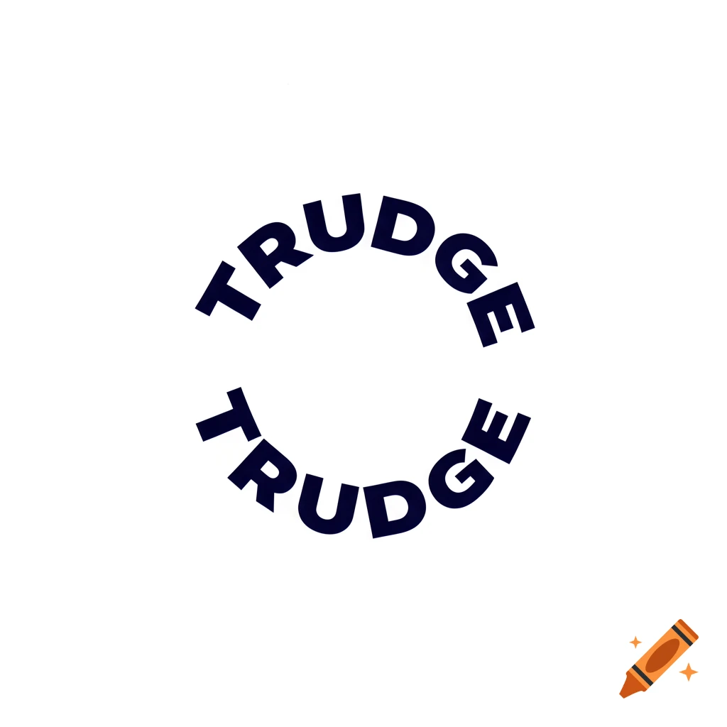 The word 'TRUDGE' repeated and warped into a dark blue circular design on a white background.