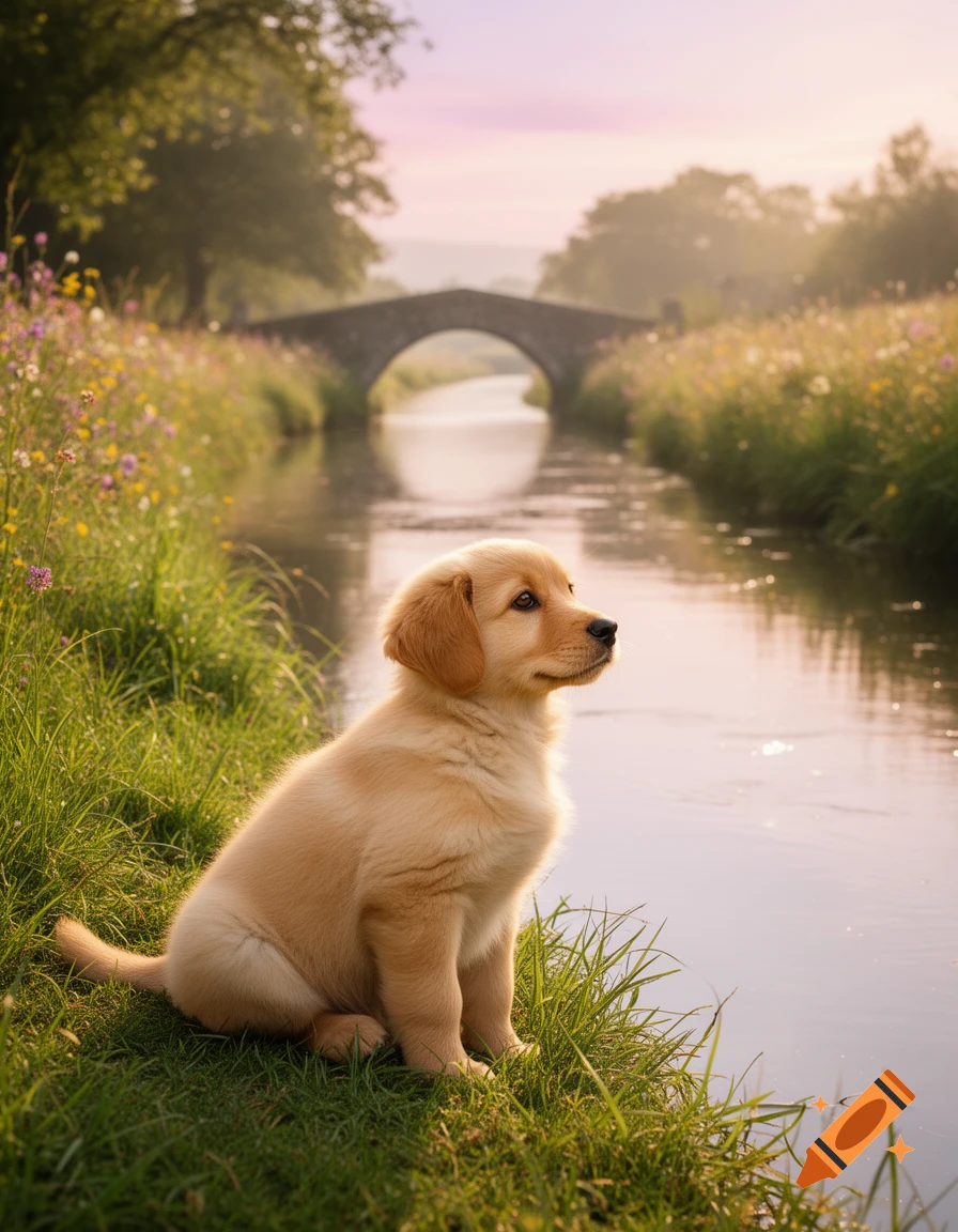 A golden retriever puppy sits by a tranquil canal with a stone bridge in the background, surrounded by lush green grass and wildflowers under a soft sky.