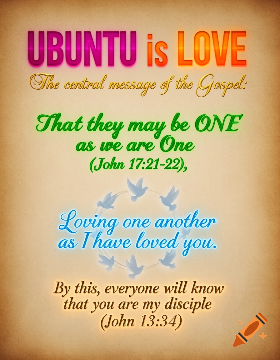 A beige background with a colorful text design, including Bible verses and a circle of white doves.
