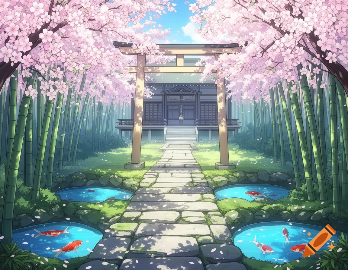 An anime-style serene Japanese landscape with a path leading through a torii gate to a temple, surrounded by cherry blossoms, bamboo trees, and ponds with koi fish.