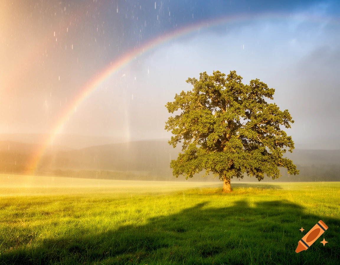 A vibrant green tree stands in a sun-drenched field under a sky with rain and a clear rainbow, capturing a sun shower.