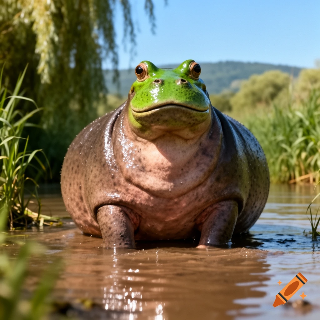 A photorealistic image of a creature with a large hippo body and a green frog head, standing in shallow muddy water with foliage in the background.