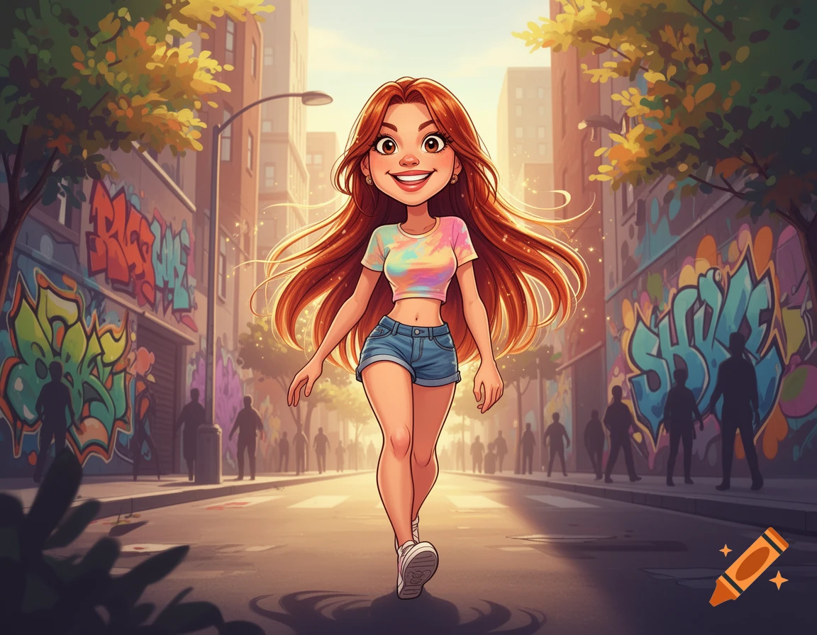 A cartoon woman with long red hair smiles while walking down a sunlit city street lined with graffiti-covered buildings.