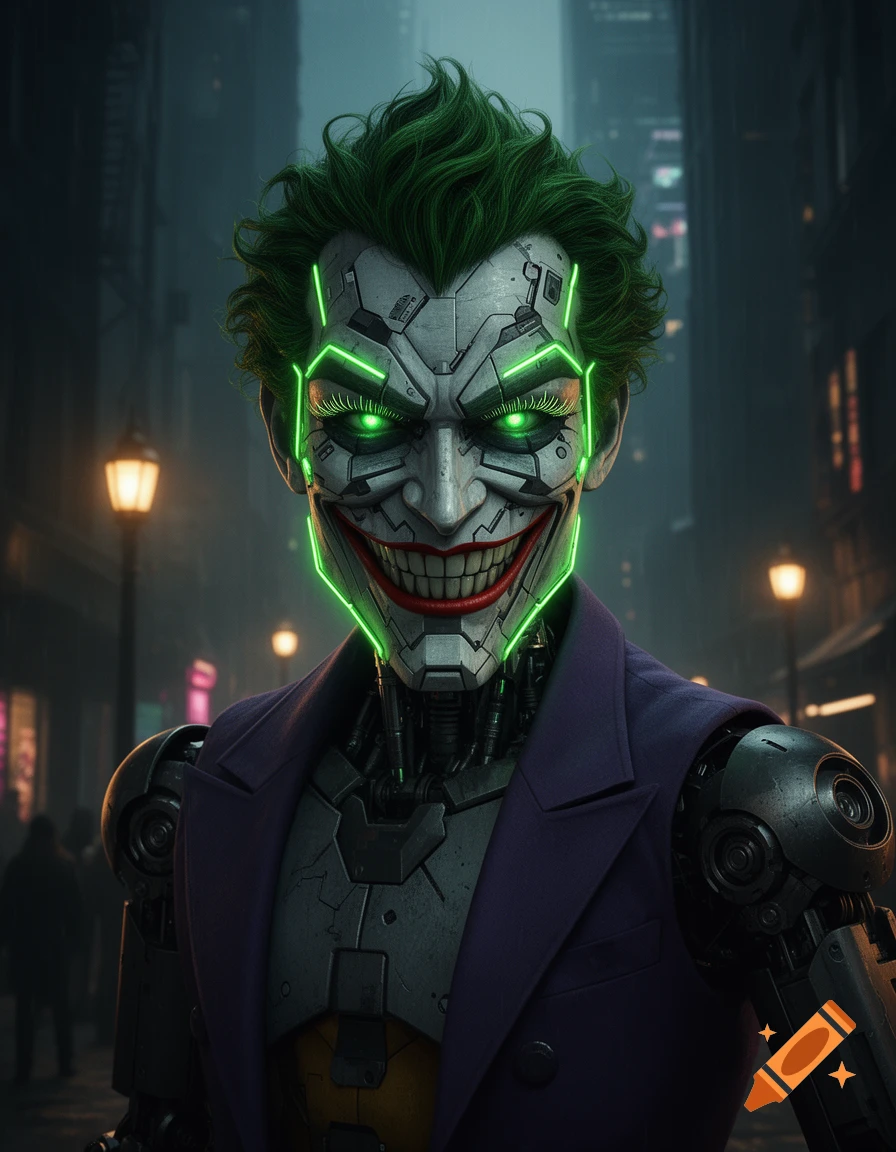 A robotic Joker with green hair, glowing neon green eyes and outlines on his cracked face, a wide red smile, wearing a purple suit in a dark city.