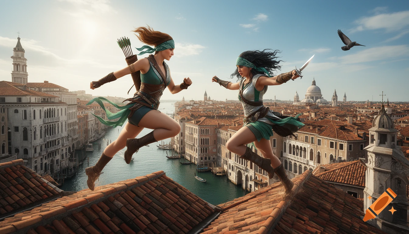 Photorealistic image of two women in Assassin's Creed-inspired attire performing parkour leaps across rooftops in Venice.