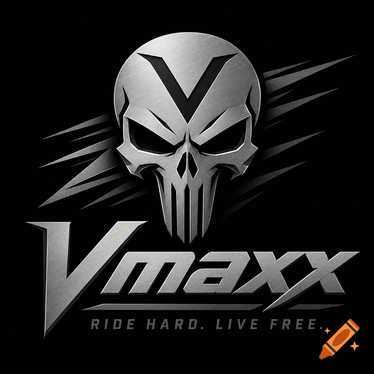 Metallic silver skull logo with stylized 'V' and aggressive lines, 'Vmaxx' text, and 'RIDE HARD. LIVE FREE.' on black.