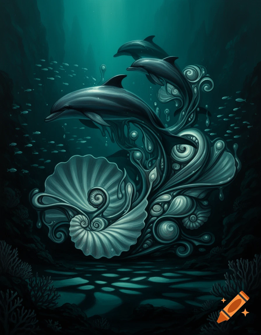 Three dark dolphins swim in a surreal, dark underwater scene, intertwining with biomorphic seashells and corals, with shimmering light on the seabed.