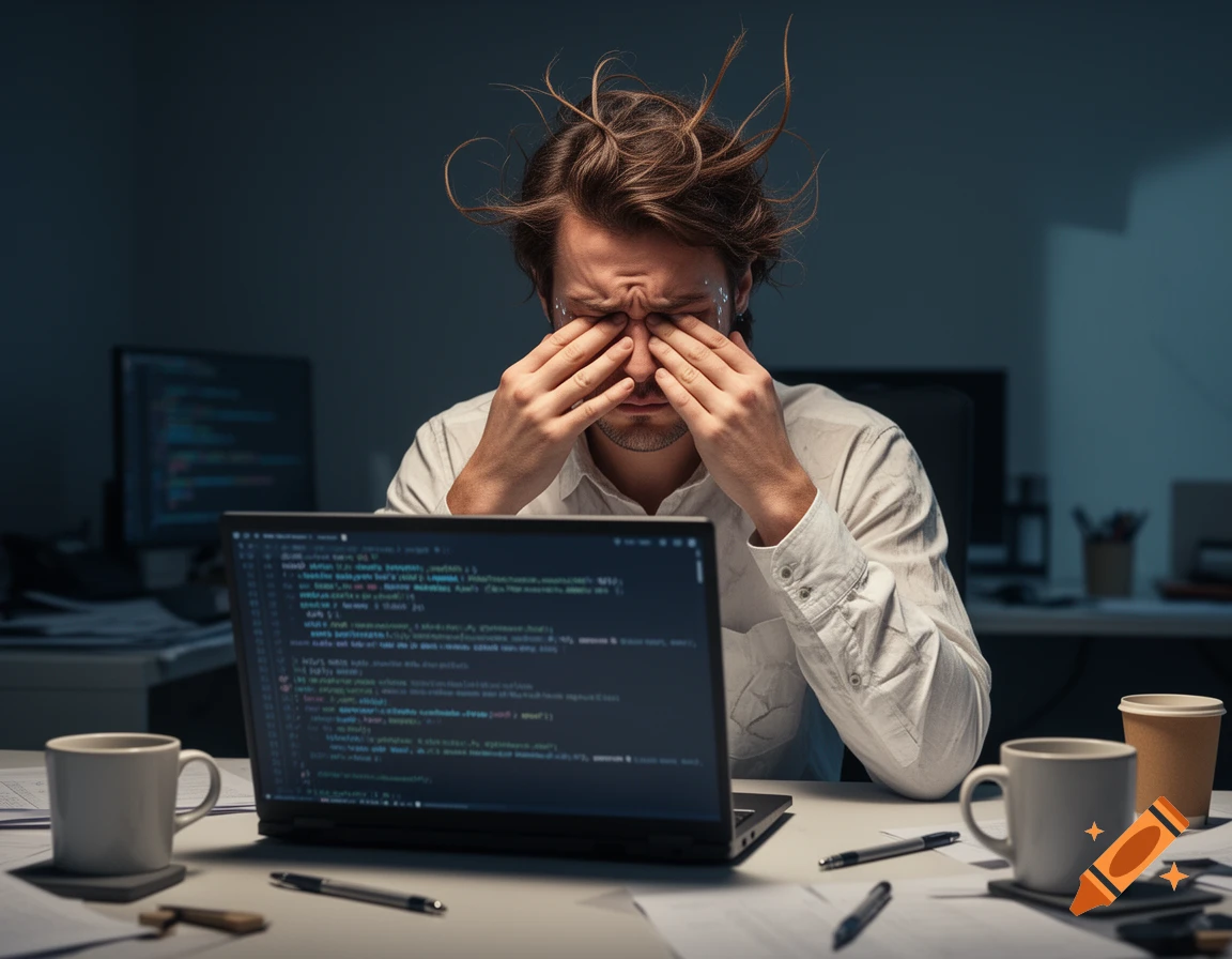 A tired, frustrated man with messy hair rubs his eyes while sitting at a desk with an open laptop showing garbled code in a dark room.