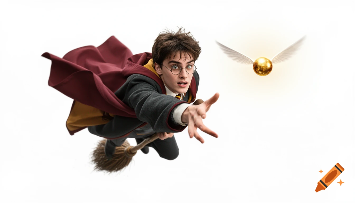 Harry Potter on a broomstick, reaching out for a golden snitch, against a white background.