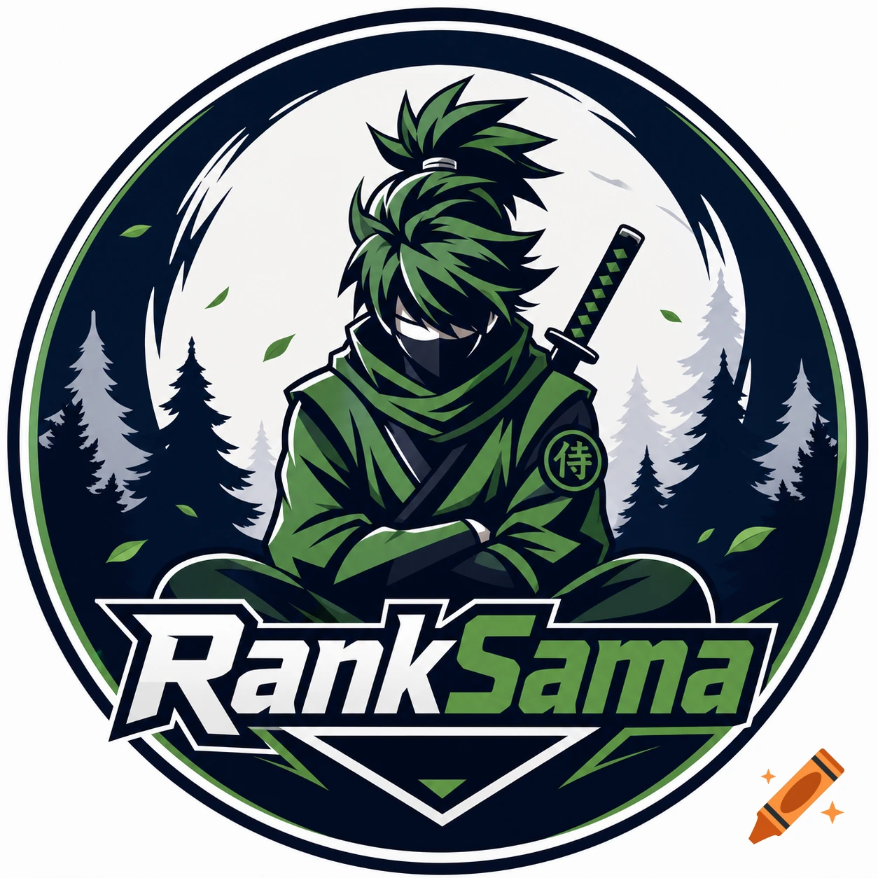 A stylized green ninja character with a katana and a ponytail, sitting crossed-arms within a circular logo featuring pine trees and 'RankSama' text.