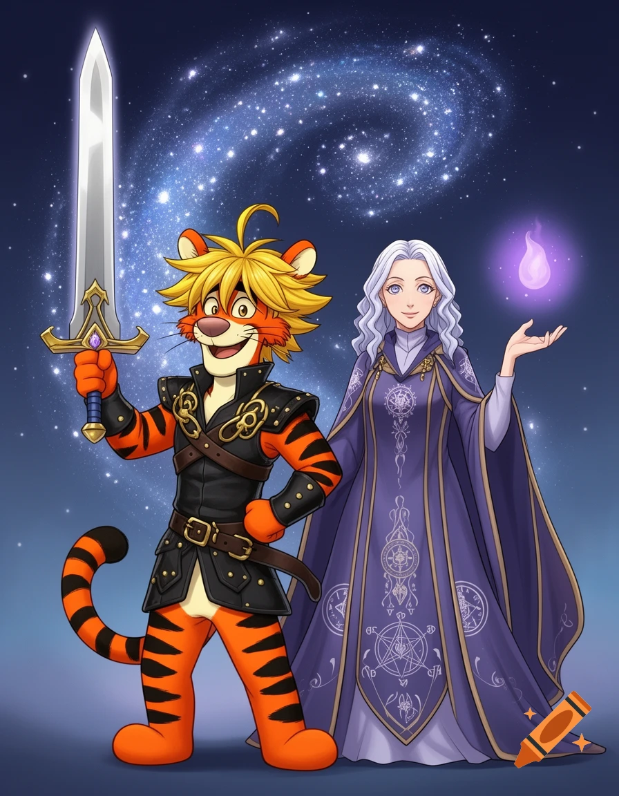 A cartoon tiger warrior holding a sword stands next to a white-haired woman in a purple robe with a magic flame, against a starry sky.