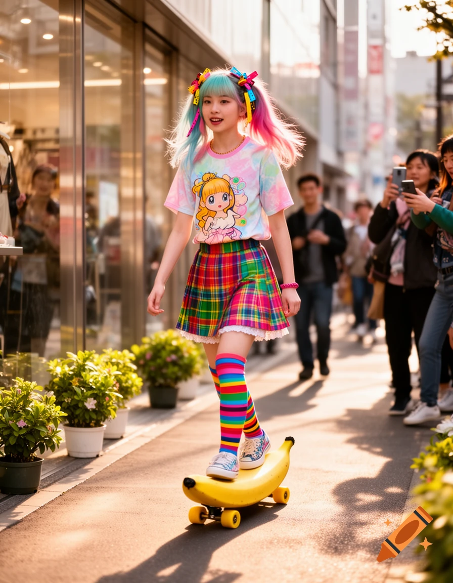 A Japanese Harajuku girl with blue and pink pigtails, a tie-dye shirt, and plaid skirt, rides a banana skateboard on a city sidewalk.
