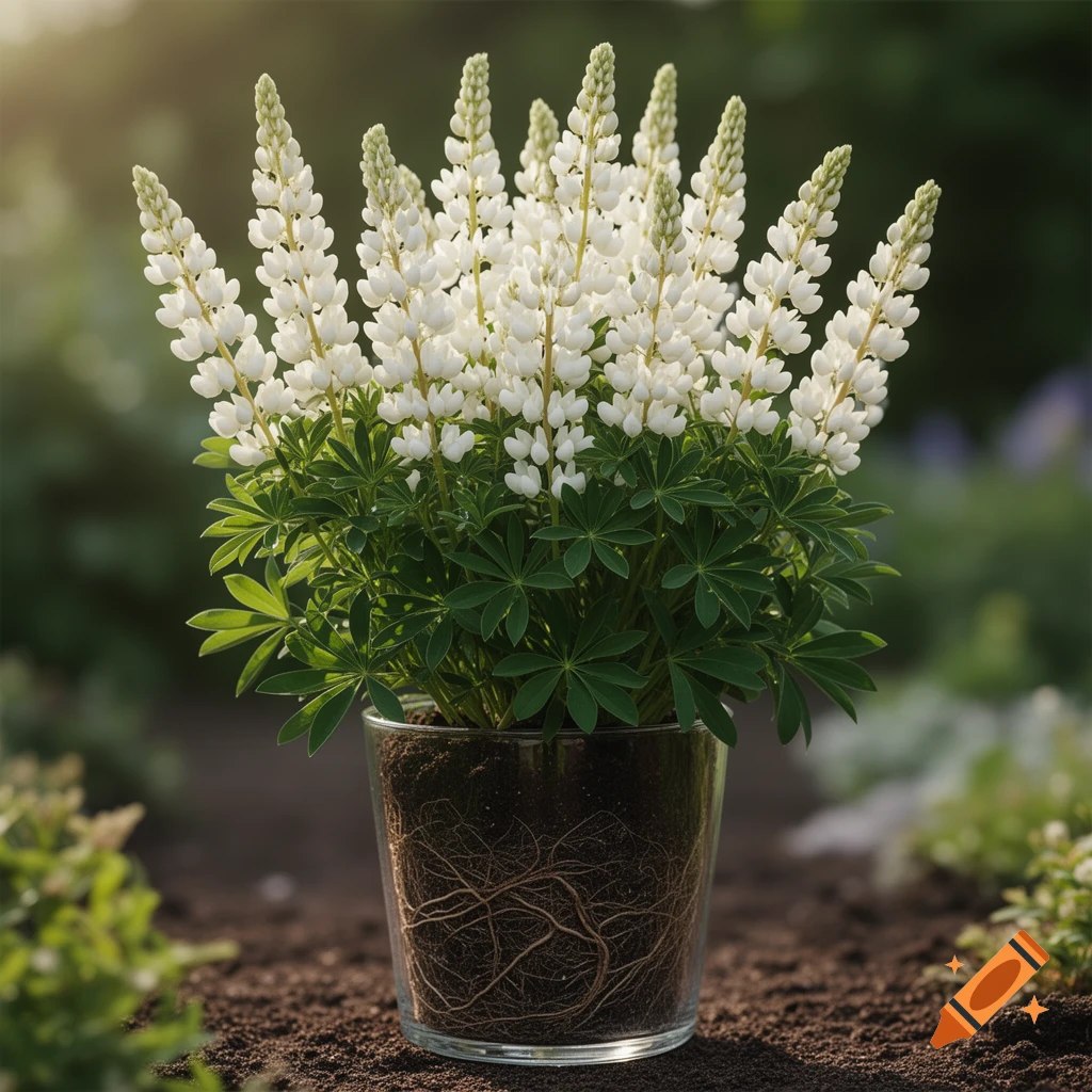 Photorealistic image of a white lupin plant with multiple flower spikes in a glass pot, showing visible roots in the soil, set outdoors in soft sunlight.