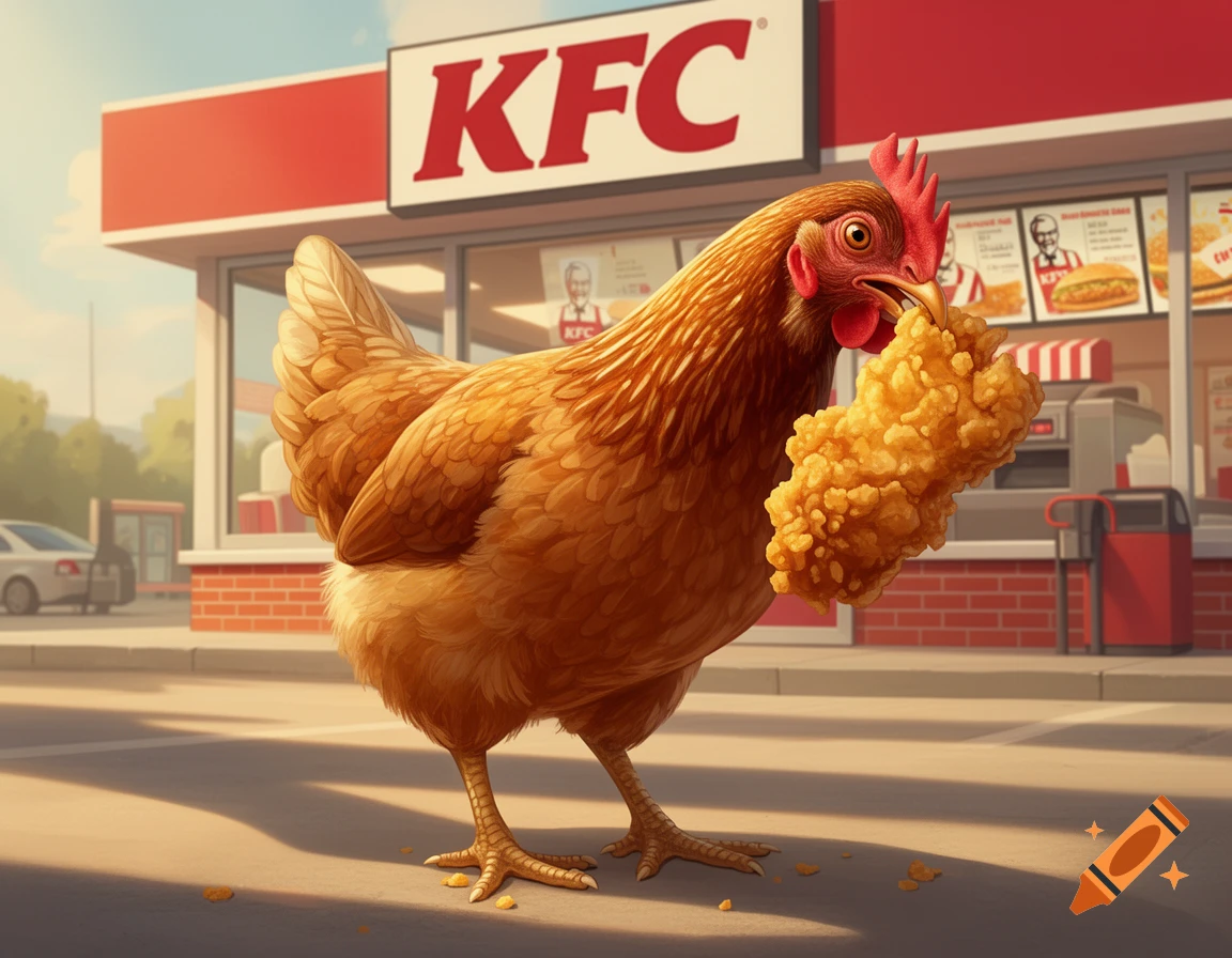 A brown chicken stands in front of a KFC restaurant, eating a large piece of fried chicken. Illustrated in a realistic style.