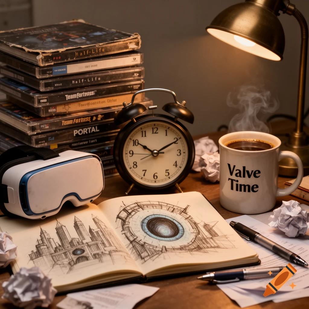 A desk with a stack of Valve game cases, a VR headset, an alarm clock, a steaming 'Valve Time' coffee mug, and a sketchbook.
