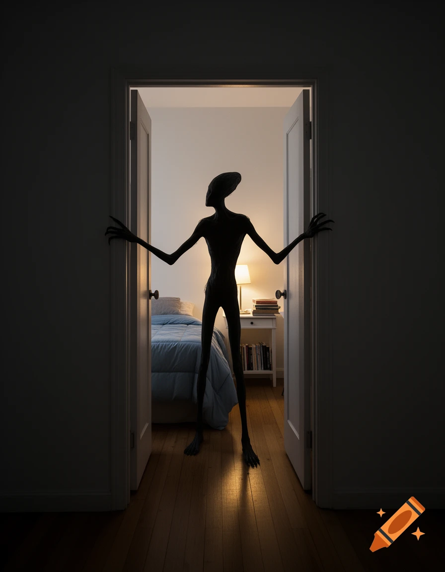 A tall, shadowy alien-like figure with long arms stands in a dark bedroom doorway, creating a creepy silhouette.