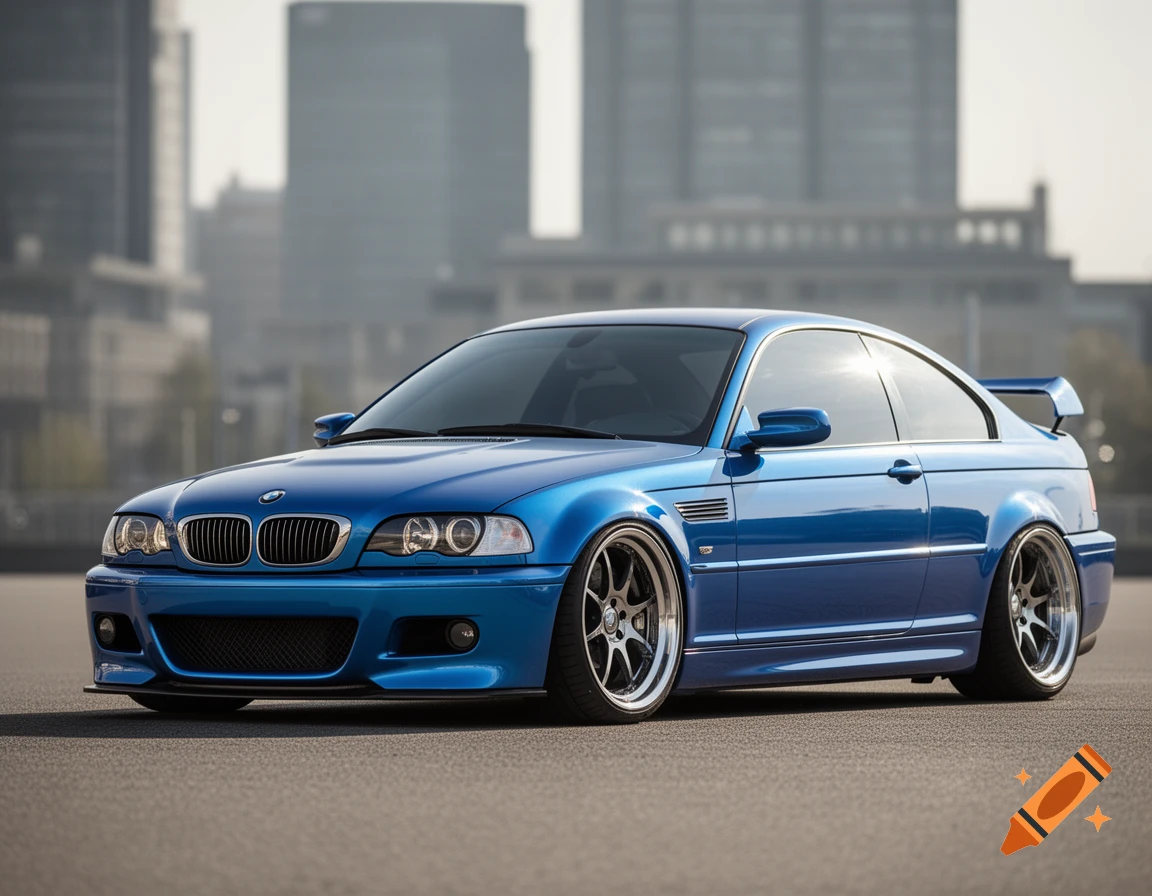 A shiny blue BMW E46 sports coupe with a spoiler, lowered, parked on asphalt in front of blurry city buildings.