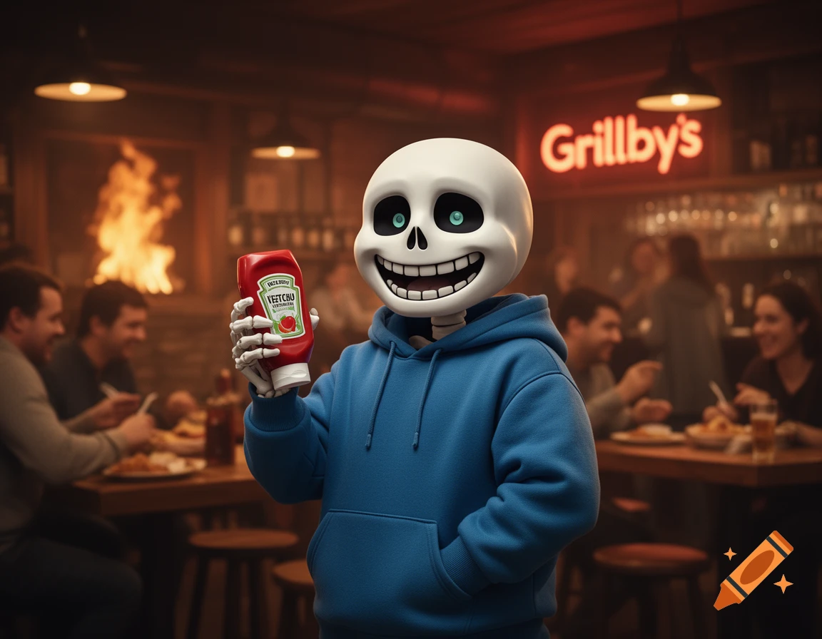 A hyperrealistic image of Sans from Undertale, wearing a blue hoodie and holding a ketchup bottle, smiling in Grillby's bar with other patrons in the blurred background.