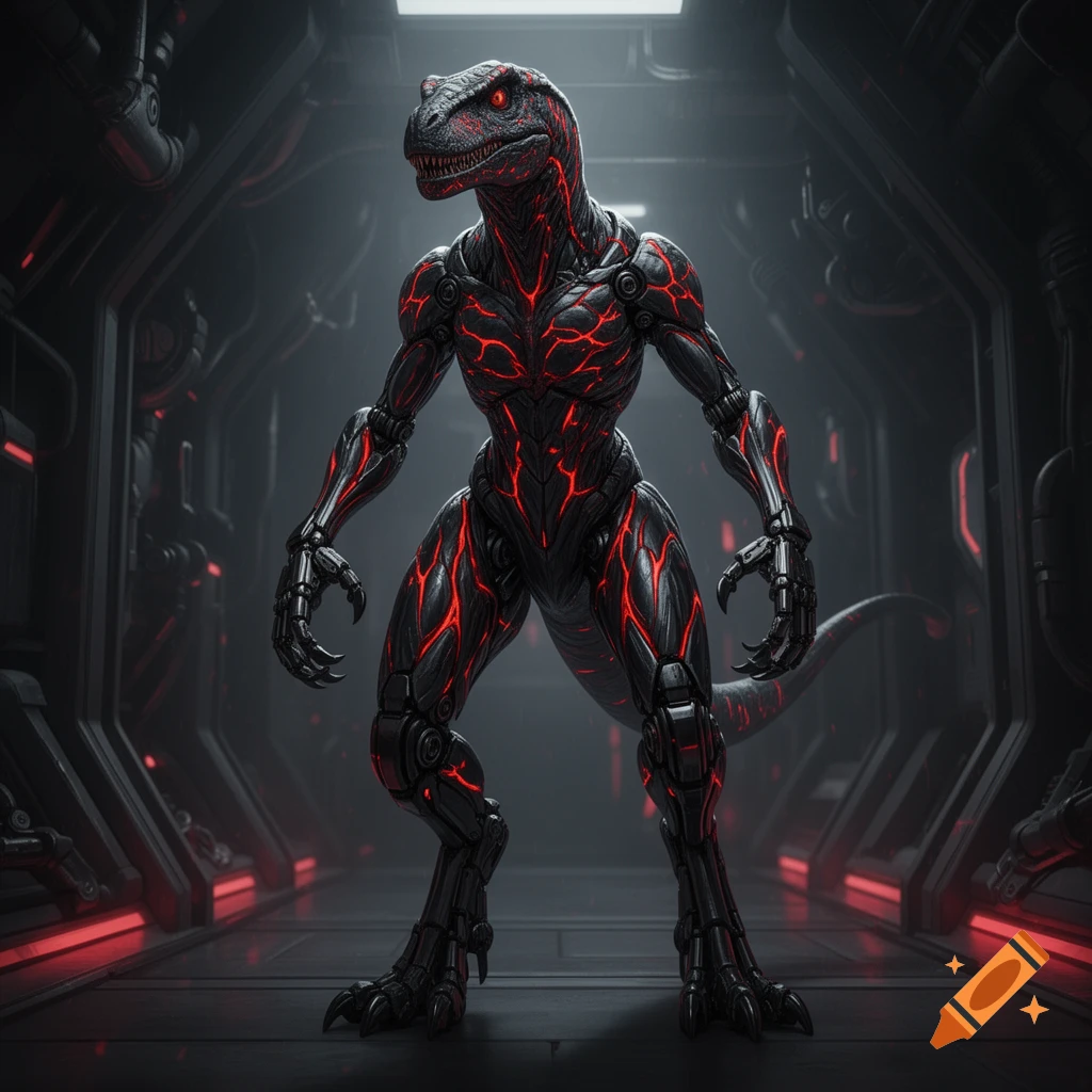 A full-body, dark grey mecha Indoraptor with glowing red veins and eyes stands in a dark, sci-fi corridor with red lighting.