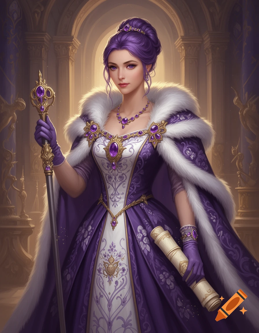 A regal woman with purple hair in a luxurious purple imperial gown and fur cape, holding a jeweled staff and parchment in a majestic fantasy hall.