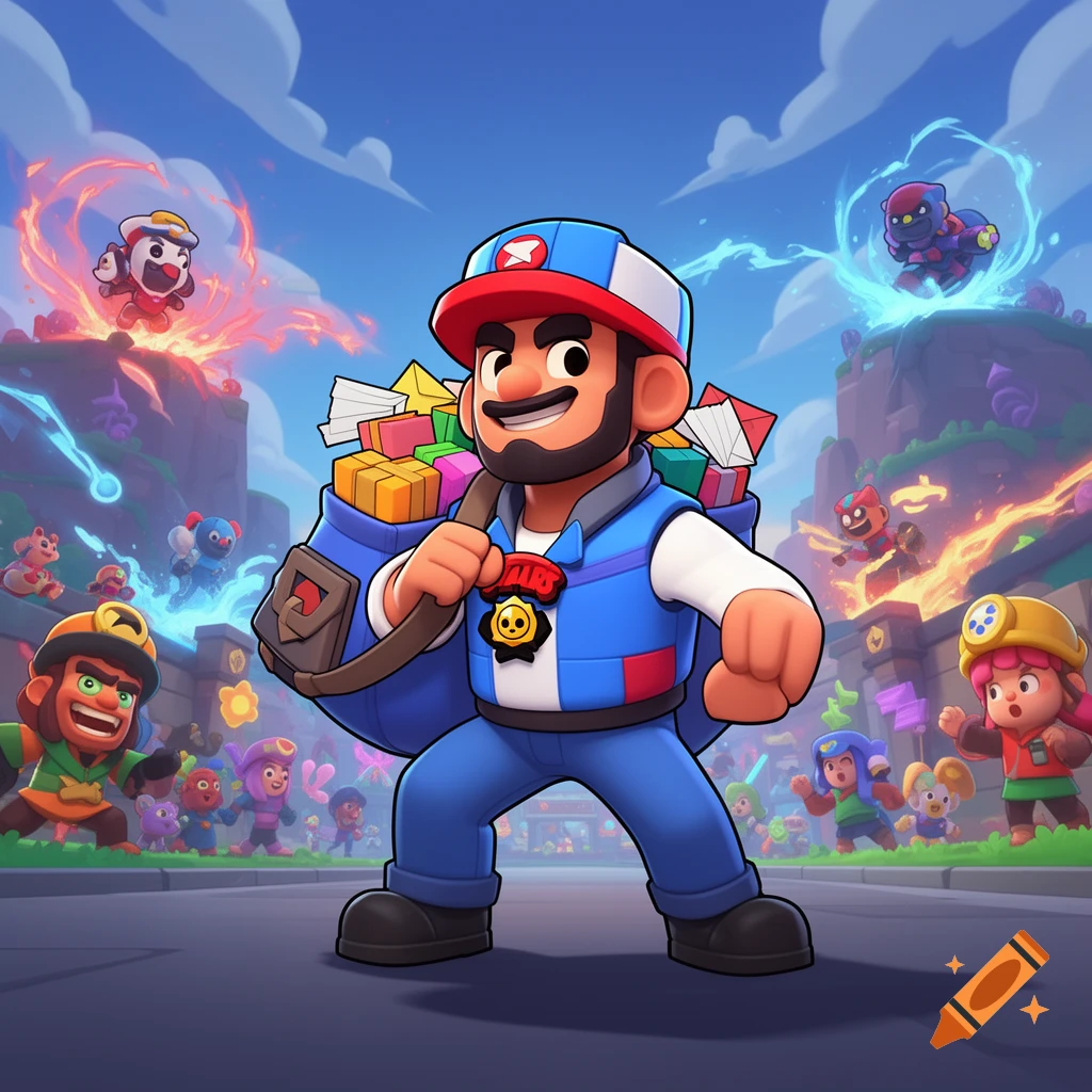 A stylized cartoon postman with a gift-filled bag stands in a vibrant game-like landscape with other characters.